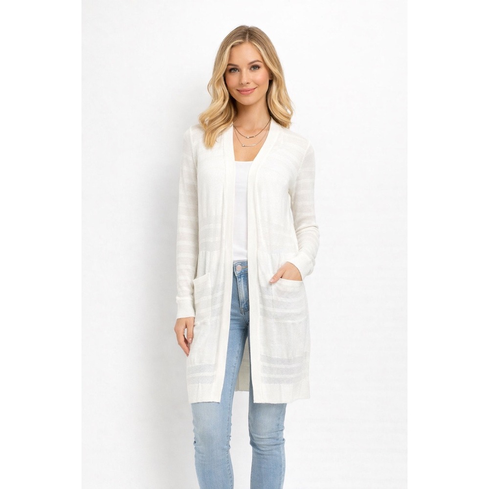 Halogen White Open Front Duster Cardigan XS Sheer Knit Longline Lightweight